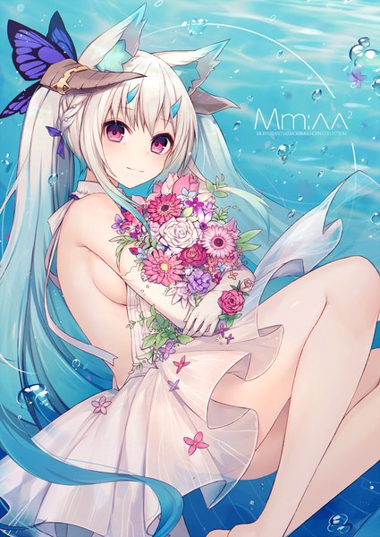 Anime picture 708x1000 with original muryotaro single long hair tall image looking at viewer fringe breasts light erotic twintails bare shoulders holding animal ears payot blue hair pink hair bent knee (knees) white hair barefoot horn (horns)