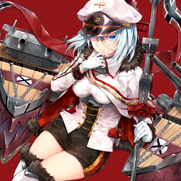 Anime picture 1736x1736 with azur lane tirpitz (azur lane) suke single looking at viewer fringe highres short hair breasts blue eyes simple background hair between eyes holding silver hair fur trim shaded face red background hand to mouth underbust girl