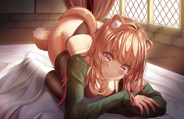 Anime picture 5100x3300 with tate no yuusha no nariagari kinema citrus raphtalia kaptivate single long hair looking at viewer blush fringe highres breasts light erotic smile red eyes brown hair signed animal ears absurdres cleavage indoors