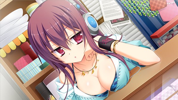Anime picture 1280x720 with karumaruka circle tagme (character) tagme (artist) single long hair looking at viewer blush breasts open mouth light erotic wide image large breasts sitting purple eyes bare shoulders game cg cleavage purple hair girl bracelet