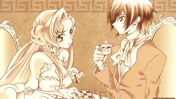 Anime picture 1920x1080 with code geass sunrise (studio) lelouch lamperouge euphemia li britannia long hair highres short hair wide image cleavage profile monochrome brown background girl boy cup neckerchief armchair tea chess