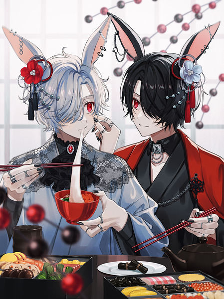 Anime picture 999x1334 with original azuma hatori tall image fringe short hair black hair smile red eyes animal ears looking away silver hair nail polish traditional clothes japanese clothes hair over one eye multiple boys bunny ears piercing ear piercing eating