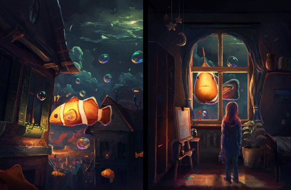 Anime picture 4880x3200 with original sylar113 long hair looking at viewer highres standing absurdres indoors from behind orange hair night shadow night sky multiview swimming girl plant (plants) animal window building (buildings)