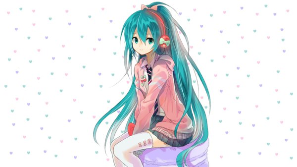 Anime picture 1600x900 with project diva vocaloid hatsune miku hayama eishi single fringe wide image sitting ponytail very long hair aqua eyes aqua hair alternate costume alternate hairstyle ribbon girl (module) girl thighhighs skirt bow hair bow