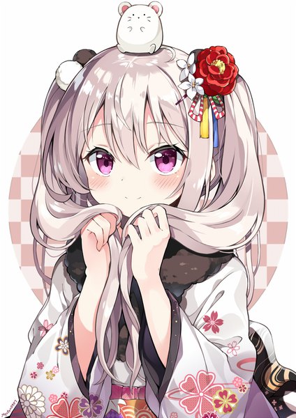 Anime picture 707x1000 with original myuton single long hair tall image blush fringe smile hair between eyes purple eyes twintails looking away silver hair upper body traditional clothes japanese clothes floral print new year checkered holding hair