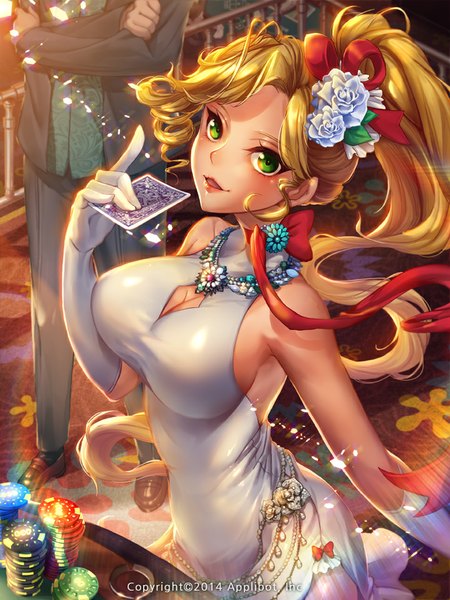 Anime picture 720x960 with original wooju long hair tall image looking at viewer blush breasts light erotic blonde hair large breasts green eyes ponytail hair flower girl dress gloves hair ornament flower (flowers) ribbon (ribbons) hair ribbon