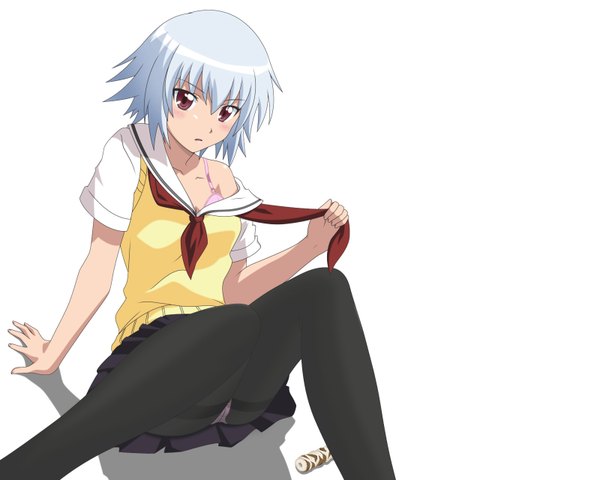 Anime picture 1600x1280 with ben-tou david production yarizui sen smile (rz) single looking at viewer blush short hair light erotic simple background red eyes white background sitting blue hair off shoulder pantyshot pantyshot sitting undressing girl skirt