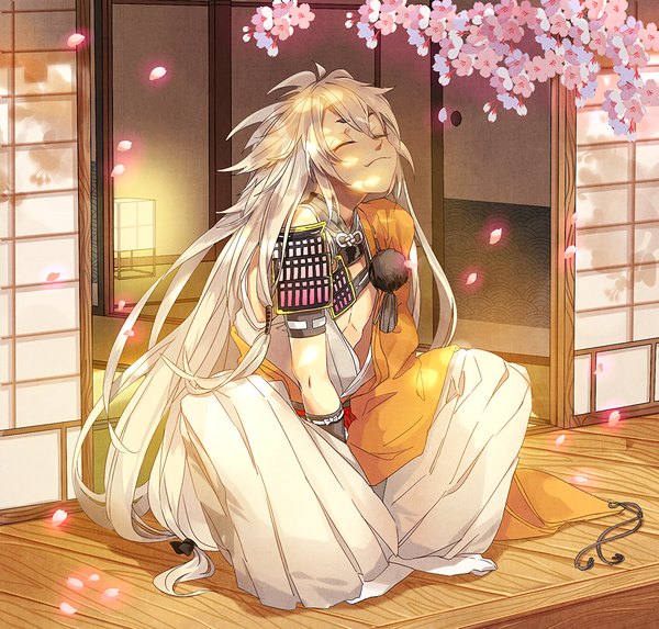 Anime picture 1000x955 with touken ranbu nitroplus kogitsunemaru okidokei single fringe smile hair between eyes sitting full body white hair eyes closed very long hair traditional clothes japanese clothes cherry blossoms muscle boy bow plant (plants)