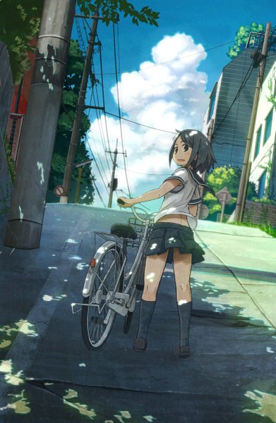 Anime picture 783x1200 with original nabana single tall image fringe short hair black hair standing holding sky cloud (clouds) ahoge outdoors parted lips pleated skirt looking back black eyes sunlight shadow street