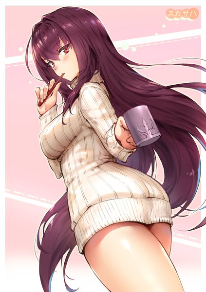 Anime picture 776x1100 with fate (series) fate/grand order scathach (fate) (all) scathach (fate) haoni single long hair tall image looking at viewer blush fringe breasts light erotic simple background hair between eyes red eyes large breasts standing holding payot