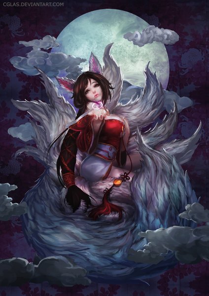 Anime picture 1500x2121 with league of legends ahri (league of legends) cglas single long hair tall image breasts brown hair large breasts brown eyes animal ears cloud (clouds) bent knee (knees) tail braid (braids) long sleeves animal tail wide sleeves lipstick fox ears