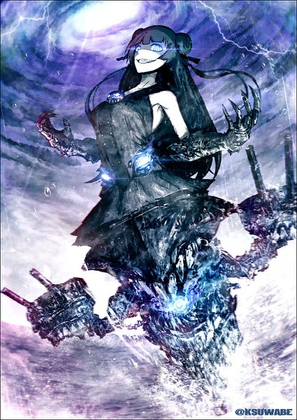 Anime picture 629x888 with kantai collection light cruiser oni kei-suwabe single long hair tall image looking at viewer black hair hair bun (hair buns) glowing glowing eye (eyes) white skin lightning crazy smile fisheye girl ribbon (ribbons) weapon hair ribbon sea