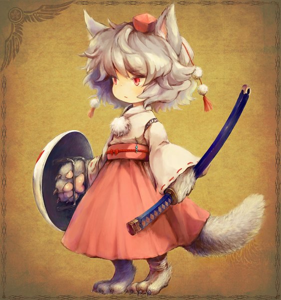 Anime picture 1134x1208 with touhou inubashiri momiji setsugeka tumugi single tall image short hair red eyes grey hair wolf ears wolf tail wolf girl girl sword belt katana shield tokin hat