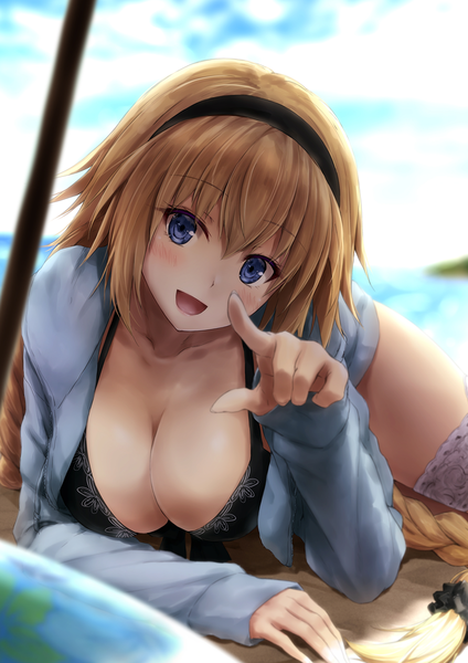 Anime picture 965x1365 with fate (series) fate/grand order jeanne d'arc (fate) (all) jeanne d'arc (swimsuit archer) suien single long hair tall image looking at viewer blush fringe breasts open mouth blue eyes light erotic blonde hair smile hair between eyes large breasts sky