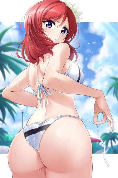 Anime picture 3078x4615 with love live! school idol project sunrise (studio) love live! nishikino maki kirisaki reina single tall image looking at viewer blush fringe highres short hair breasts light erotic hair between eyes large breasts standing purple eyes absurdres sky