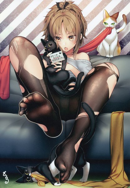 Anime picture 3215x4639 with original giuniu single long hair tall image fringe highres open mouth light erotic brown hair sitting bare shoulders holding brown eyes signed payot absurdres ponytail scan off shoulder