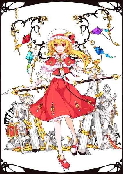 Anime picture 1060x1500 with touhou flandre scarlet ideolo single long hair tall image looking at viewer blush short hair open mouth blonde hair red eyes white background nail polish :d pointy ears asymmetrical hair girl dress skirt