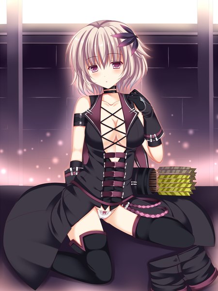 Anime picture 750x1000 with kurusu ren single tall image looking at viewer short hair breasts light erotic purple eyes white hair girl dress gloves underwear panties black gloves boots thigh boots arrow (arrows)