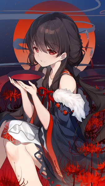 Anime picture 1200x2133 with original bison cangshu single long hair tall image looking at viewer fringe black hair smile hair between eyes red eyes sitting holding parted lips wide sleeves red moon girl flower (flowers) detached sleeves moon