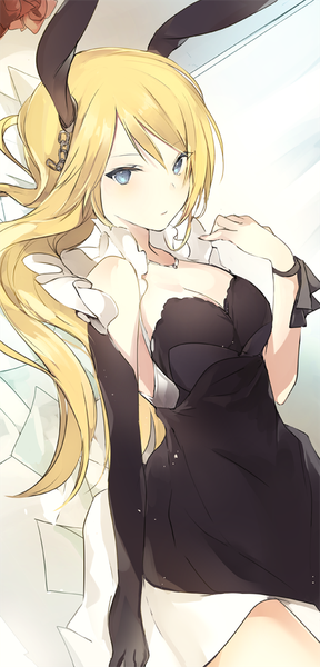 Anime picture 480x1000 with original lpip single long hair tall image looking at viewer blush fringe breasts blue eyes blonde hair bare shoulders animal ears cleavage lying on back bunny ears dutch angle girl dress