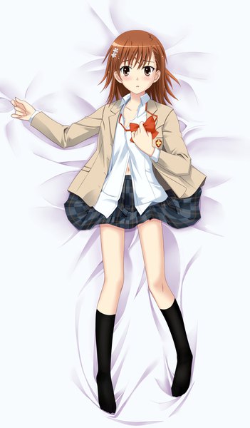 Anime picture 2050x3500 with to aru kagaku no railgun j.c. staff misaka mikoto kamiko to seiryoku single tall image looking at viewer highres short hair open mouth light erotic brown hair brown eyes full body lying long sleeves on back no shoes legs plaid skirt