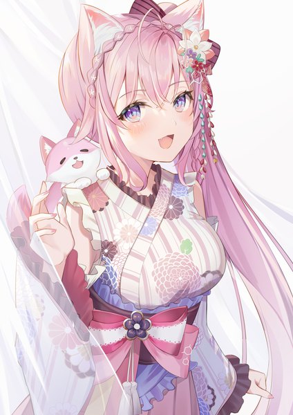 Anime picture 2315x3274 with virtual youtuber hololive hakui koyori kokoro (hakui koyori) hakui koyori (2nd costume) sisoha single long hair tall image looking at viewer blush fringe highres open mouth hair between eyes purple eyes animal ears pink hair braid (braids) traditional clothes
