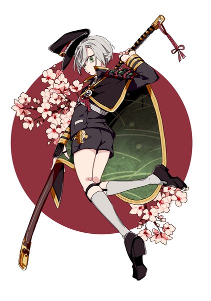 Anime picture 1000x1420 with touken ranbu nitroplus hotarumaru syubare single tall image looking at viewer short hair simple background white background green eyes full body grey hair cherry blossoms hat removed headwear removed military boy uniform weapon