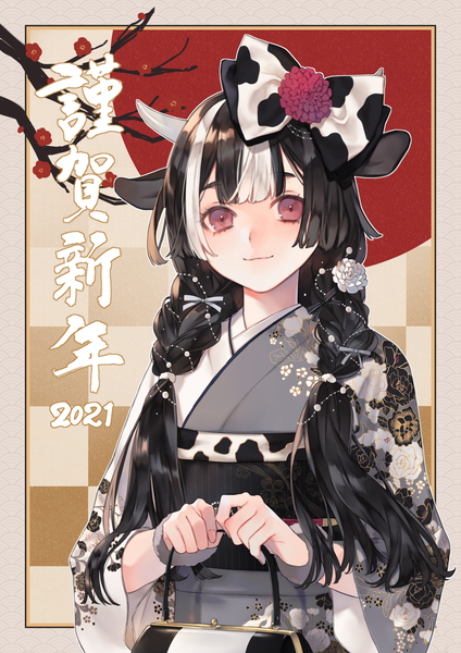 Anime picture 2894x4093 with original yokuni (yokunill001121) single long hair tall image looking at viewer fringe highres black hair red eyes animal ears upper body braid (braids) traditional clothes japanese clothes multicolored hair horn (horns) light smile two-tone hair streaked hair