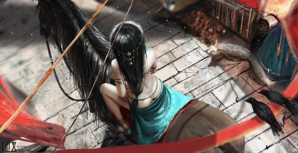 Anime picture 2090x1080 with original ydiya single long hair highres light erotic black hair wide image bare shoulders full body outdoors from above from behind bare legs watermark low ponytail bare back riding girl hair ornament