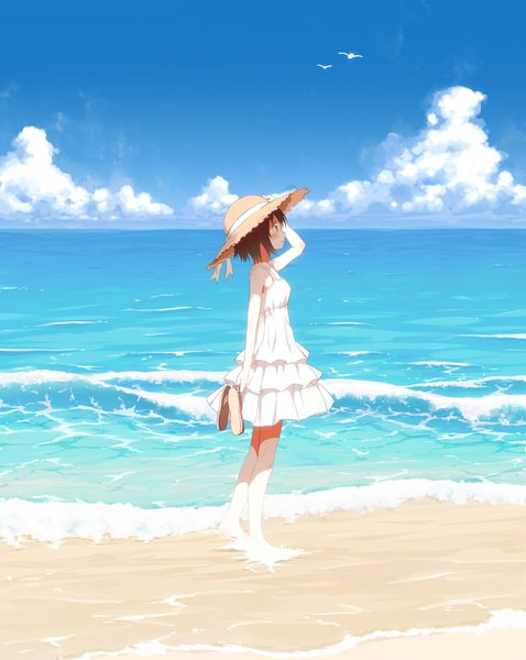 Anime picture 1200x1504 with original nekoze (chatte secca) single tall image short hair brown hair sky cloud (clouds) profile barefoot horizon hand on head shoes removed girl dress hat animal water sea bird (birds)