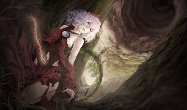Anime picture 2000x1174 with touhou yasaka kanako akaikitsune single highres short hair red eyes wide image silver hair bare legs midriff kneeling overgrown girl hair ornament wings blood jewelry necklace mirror