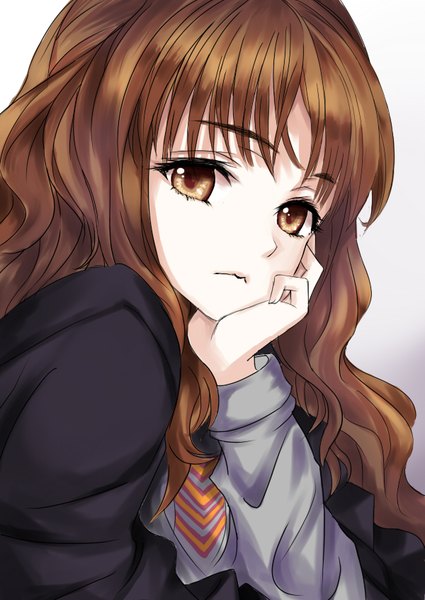 Anime picture 600x847 with harry potter hermione granger matsuryuu single long hair tall image looking at viewer blush fringe simple background brown hair brown eyes arm support gradient background wavy hair girl uniform school uniform
