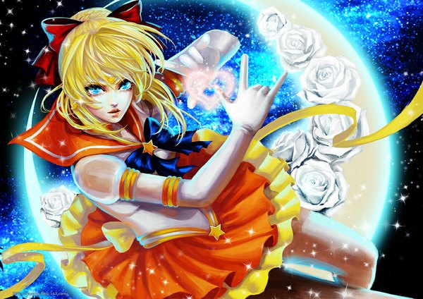 Anime picture 1132x800 with bishoujo senshi sailor moon toei animation aino minako sailor venus sun dou single long hair open mouth blue eyes blonde hair lips magic crescent girl gloves flower (flowers) bow ribbon (ribbons) hair bow elbow gloves