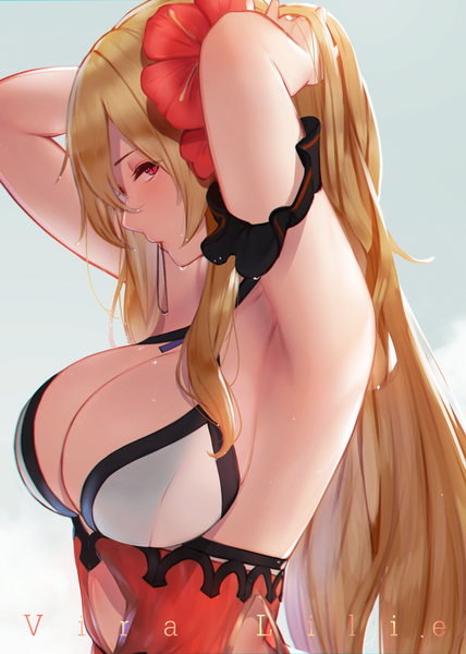 Anime picture 2381x3340 with granblue fantasy vira lilie hayabusa single long hair tall image looking at viewer blush fringe highres breasts light erotic blonde hair simple background hair between eyes red eyes large breasts holding cleavage upper body