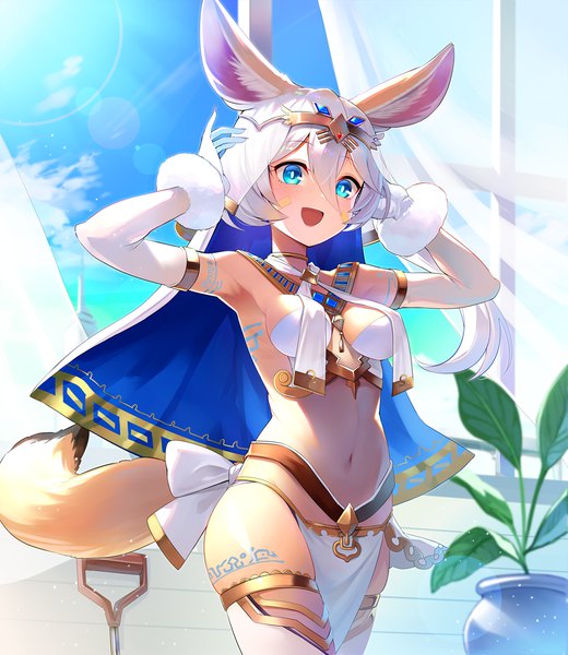 Anime picture 936x1080 with red: pride of eden fina (pride of eden) emerane single long hair tall image fringe breasts open mouth blue eyes light erotic hair between eyes animal ears looking away sky white hair tail nail polish :d animal tail