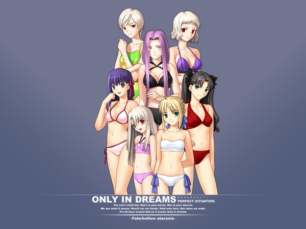 Anime picture 1600x1200 with fate (series) fate/stay night studio deen type-moon artoria pendragon (all) saber toosaka rin matou sakura illyasviel von einzbern rider leysritt sella light erotic multiple girls 6+ girls 7 girls girl swimsuit bikini black bikini