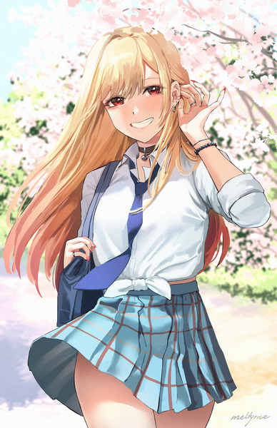 Anime picture 1650x2550 with sono bisque doll wa koi wo suru cloverworks kitagawa marin meltyrice single long hair tall image looking at viewer blonde hair smile red eyes standing signed outdoors nail polish pleated skirt grin piercing cherry blossoms adjusting hair