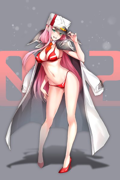 Anime picture 827x1242 with darling in the franxx studio trigger zero two (darling in the franxx) suishougensou single long hair tall image looking at viewer blush breasts light erotic standing payot pink hair cleavage full body aqua eyes bare legs shadow high heels