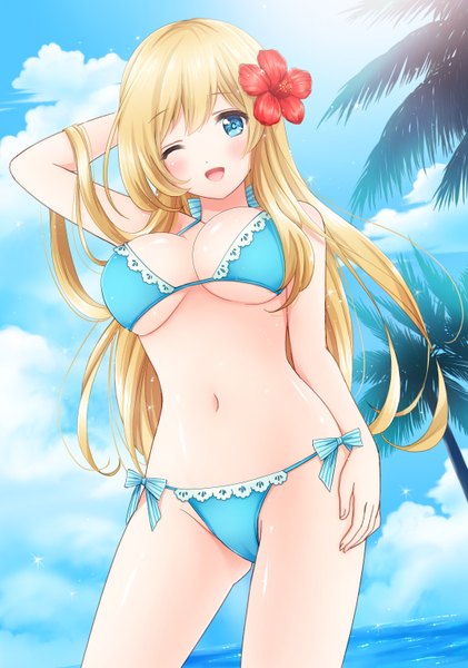 Anime picture 1072x1526 with original nanashiki fuuka single long hair tall image blush open mouth blue eyes light erotic blonde hair standing cloud (clouds) one eye closed hair flower arms up from below girl hair ornament flower (flowers) swimsuit