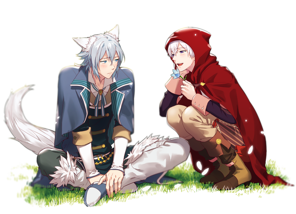 Anime picture 1007x730 with little red riding hood idolish 7 osaka sougo yotsuba tamaki palru s2 blush fringe short hair open mouth blue eyes simple background smile hair between eyes white background sitting purple eyes holding animal ears silver hair bent knee (knees)