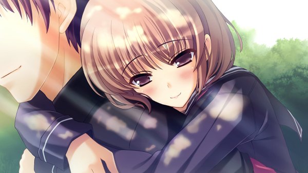 Anime picture 1280x720 with secret game coderevise (game) blush short hair smile brown hair wide image brown eyes game cg hug girl boy