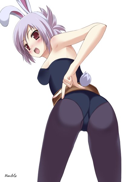 Anime picture 1447x2039 with league of legends riven (league of legends) battle bunny riven marble-0 single tall image looking at viewer blush short hair open mouth light erotic simple background red eyes white background grey hair bunny girl girl bunnysuit