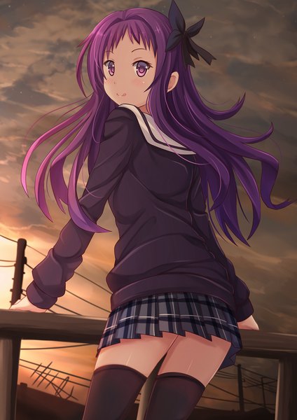 Anime picture 965x1365 with hanayamata madhouse sasame yaya kazenokaze single long hair tall image looking at viewer blush smile purple eyes purple hair looking back turning head evening sunset :q girl thighhighs skirt