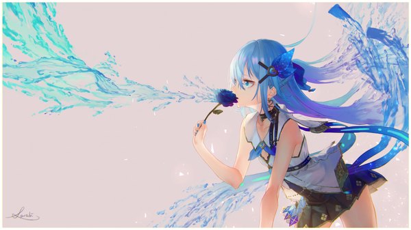 Anime picture 1920x1080 with original lee-chan (saraki) saraki single long hair fringe highres blue eyes simple background hair between eyes wide image standing holding signed payot blue hair looking away nail polish profile pleated skirt