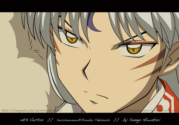 Anime picture 2000x1400 with inuyasha sesshomaru single highres yellow eyes white hair facial mark close-up face face paint boy