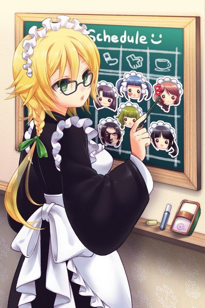 Anime picture 1280x1920 with sword girls bittersweet (dalcoms) single long hair tall image blonde hair green eyes looking away wa maid girl bow hair bow glasses headdress maid headdress apron