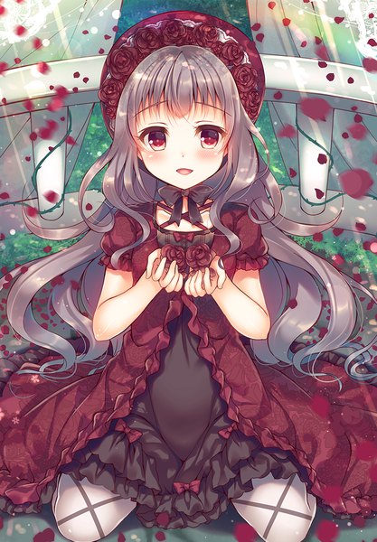 Anime picture 800x1150 with original suzunone rena single long hair tall image looking at viewer blush open mouth red eyes sitting grey hair wariza girl dress flower (flowers) hat petals rose (roses) bonnet red rose