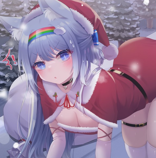 Anime picture 1788x1812 with original honyang single long hair tall image looking at viewer fringe highres blue eyes light erotic animal ears blue hair cleavage cat ears sweatdrop snow half updo on all fours ! confused