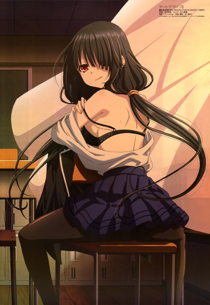 Anime picture 4087x5928 with date a live megami magazine tokisaki kurumi single long hair tall image fringe highres light erotic black hair red eyes absurdres looking back hair over one eye open clothes official art open shirt girl skirt shirt