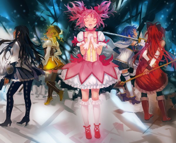 Anime picture 3064x2480 with mahou shoujo madoka magica shaft (studio) akemi homura kaname madoka sakura kyouko miki sayaka tomoe mami zrero long hair highres short hair open mouth black hair blonde hair multiple girls blue hair pink hair absurdres ponytail red hair